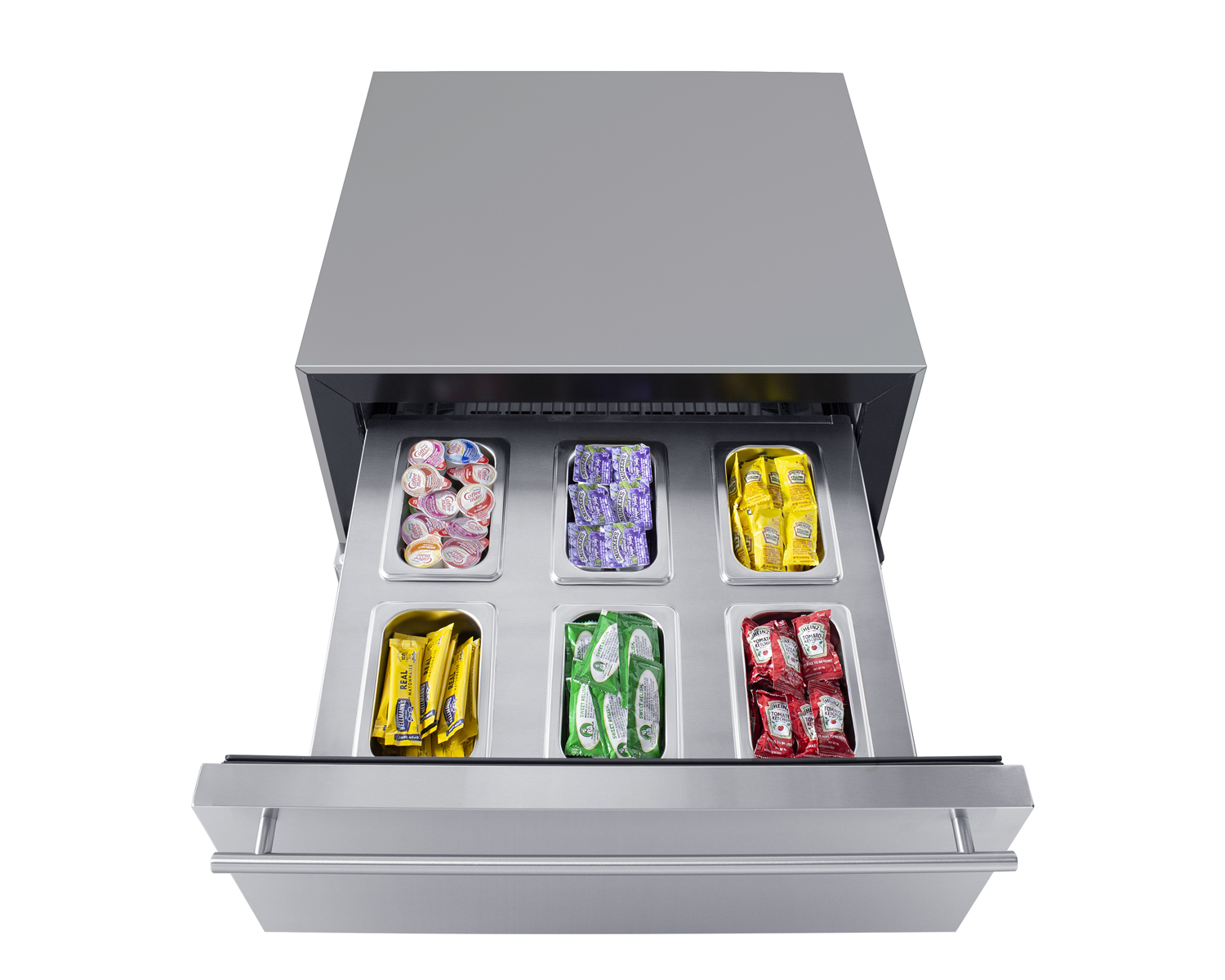 Commercially approved 4.76 cu.ft. undercounter beverage center with SS cabinet, glass door, and upper refrigerated drawer compartment